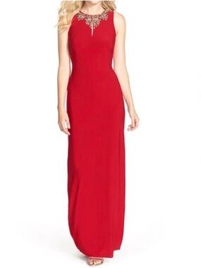 Vince Camuto Red Sleeveless Maxi Gown with Jeweled Neckline